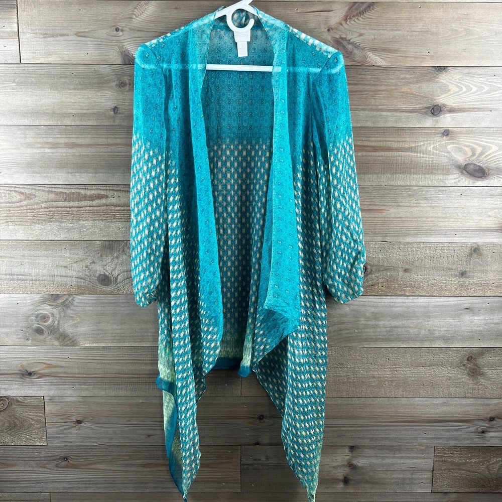 Chicos Womens Cardigan Kimono Open Drape Sheer Geometric Coastal Beach 1‎ Medium